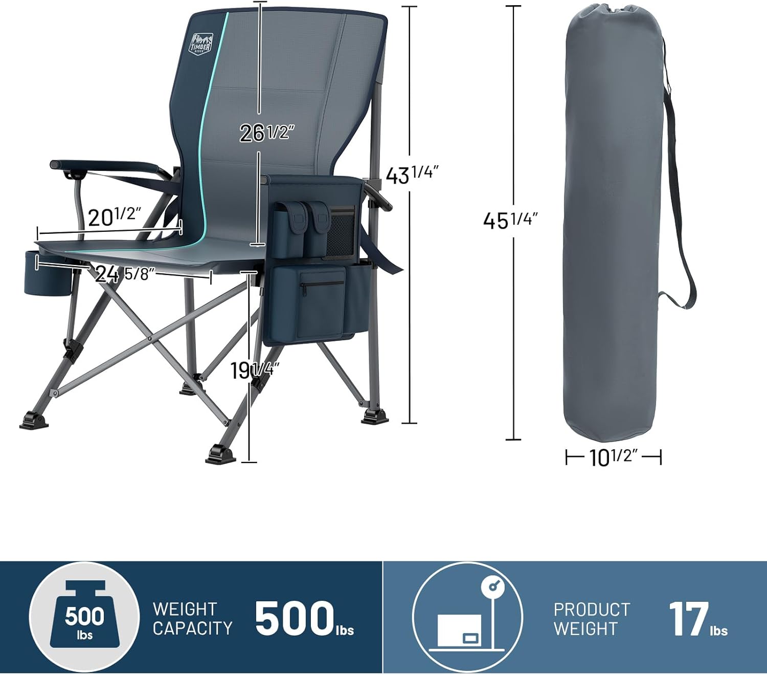 TIMBER RIDGE Oversized Folding Camping Chair with Lumbar Support Adjustable High Back Heavy Duty for Adults Support up to 500lbs with Cup Holder, Cooler Bag, Side Pocket, Blue - Image 2