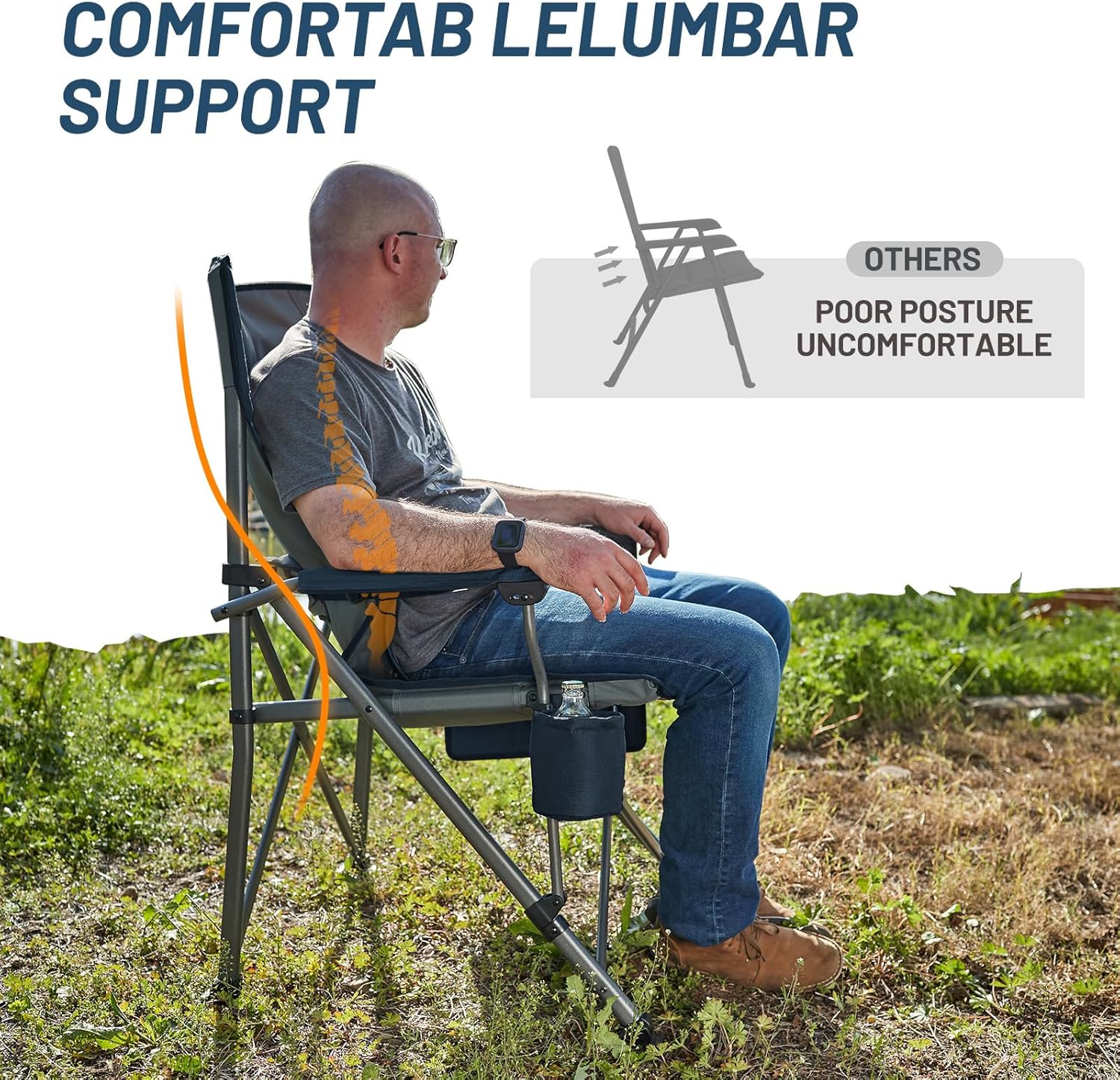 TIMBER RIDGE Oversized Folding Camping Chair with Lumbar Support Adjustable High Back Heavy Duty for Adults Support up to 500lbs with Cup Holder, Cooler Bag, Side Pocket, Blue - Image 3