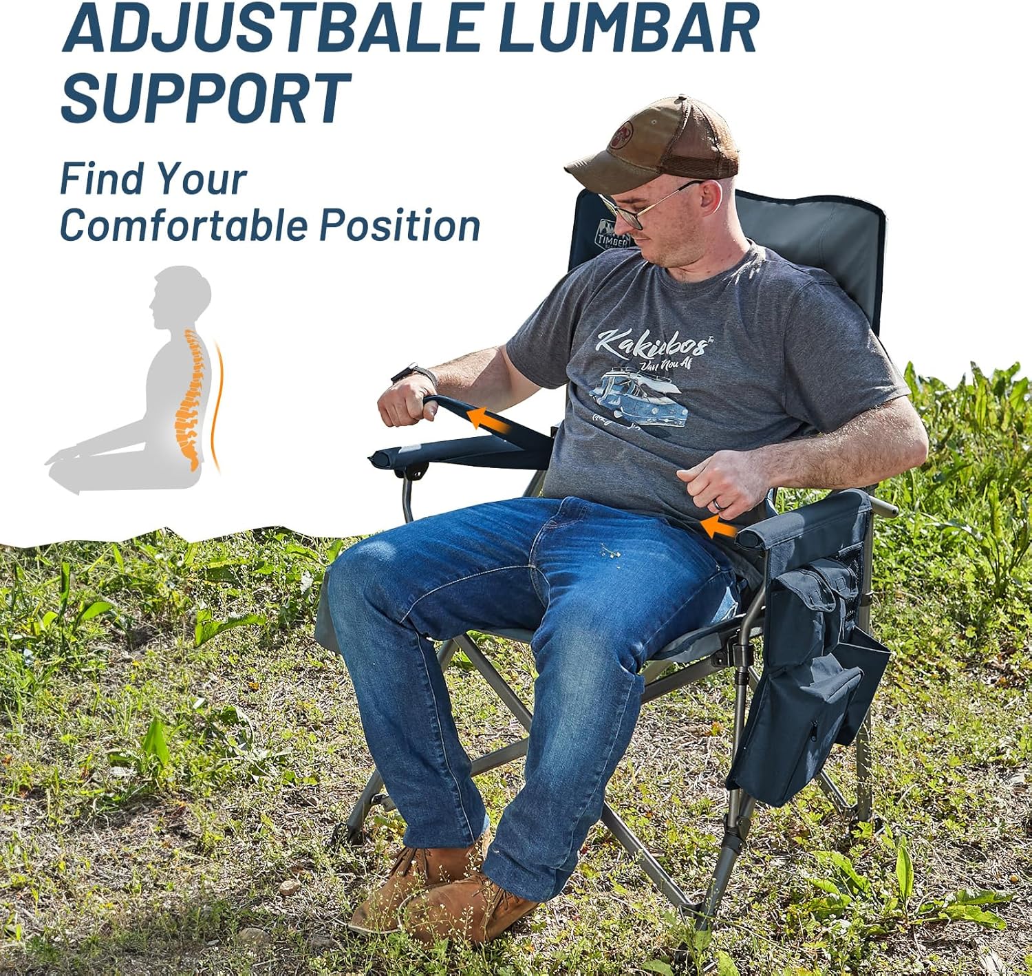 TIMBER RIDGE Oversized Folding Camping Chair with Lumbar Support Adjustable High Back Heavy Duty for Adults Support up to 500lbs with Cup Holder, Cooler Bag, Side Pocket, Blue - Image 5