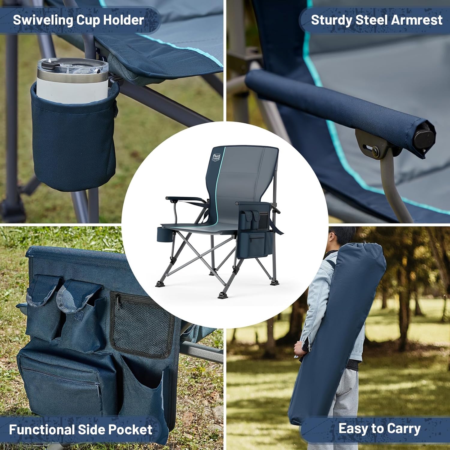 TIMBER RIDGE Oversized Folding Camping Chair with Lumbar Support Adjustable High Back Heavy Duty for Adults Support up to 500lbs with Cup Holder, Cooler Bag, Side Pocket, Blue - Image 6