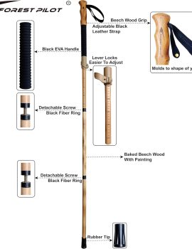Trekking Poles- 1-pc Pack – Adjustable Hiking or Walking Stick –Strong, Natural Beech Wood – Quick Adjust Flip-Lock – Beech Wood Grip, Leather Strap