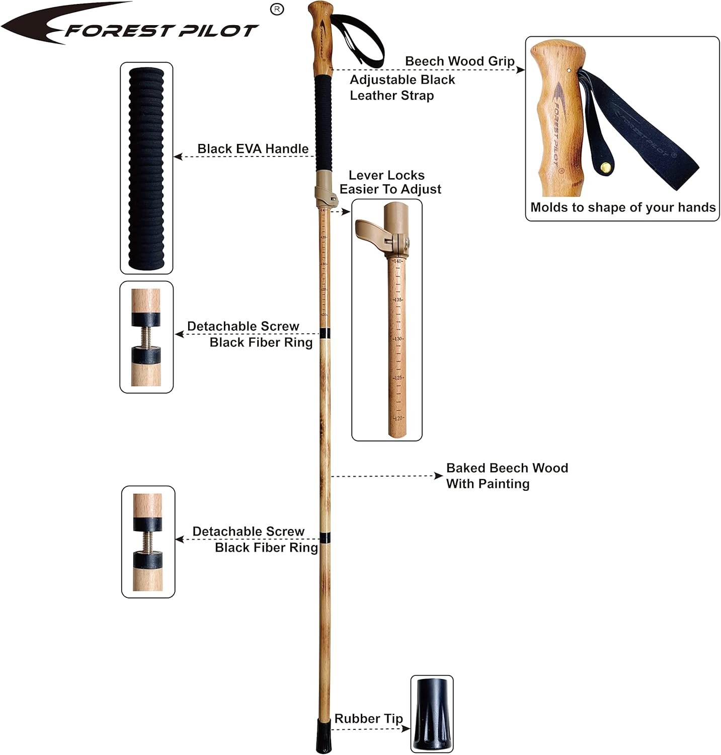 Trekking Poles- 1-pc Pack - Adjustable Hiking or Walking Stick –Strong, Natural Beech Wood - Quick Adjust Flip-Lock - Beech Wood Grip, Leather Strap - Image 2
