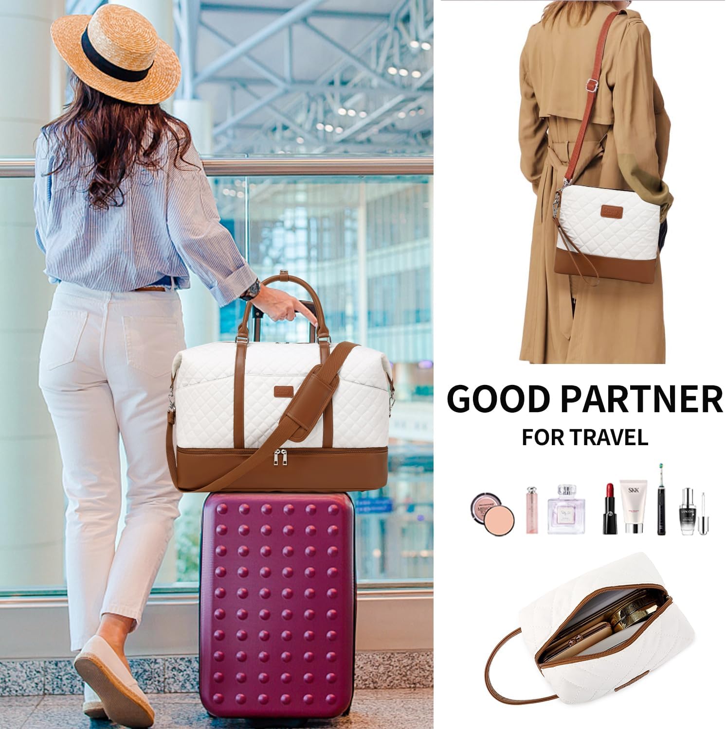 Weekender Bag, Large Travel Duffel Bag for Women, Carry on Overnight Bag with Shoe Compartment and Toiletry Bags - Image 2